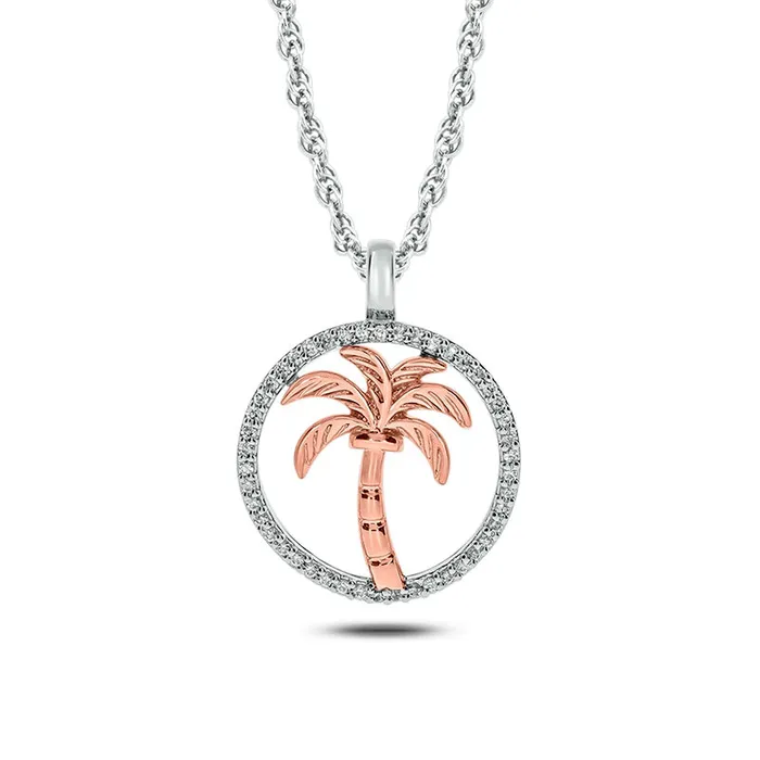 017 CT TW Natural Diamond Circle with Palm Tree Pendant in 10K TwoTone Gold Goldia Necklaces