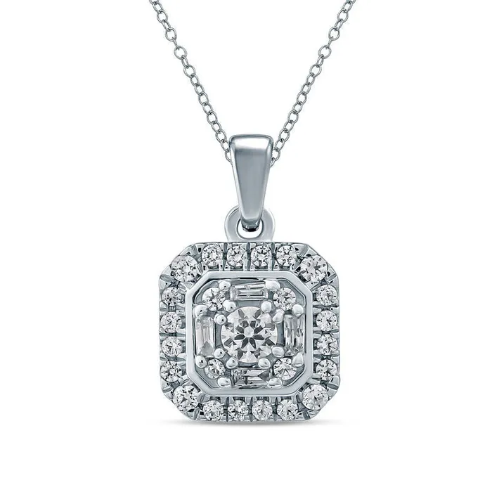 025 CT TW Composite Baguette and Round Natural Diamond Octagon Frame Pendant in 10K White Gold Goldia Necklaces 025 CT TW Composite Baguette and Round Natural Diamond Octagon Frame Pendant in 10K White Gold Goldia Necklaces
