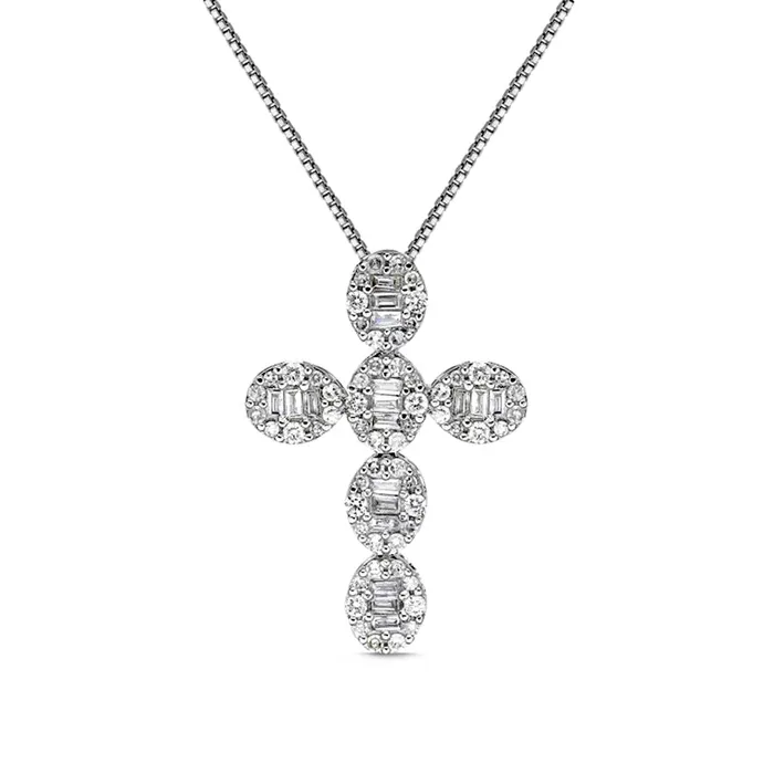 05 CT TW Baguette and Round Natural Diamond Cross Pendant in 14K White Gold Goldia Necklaces 05 CT TW Baguette and Round Natural Diamond Cross Pendant in 14K White Gold Goldia Necklaces