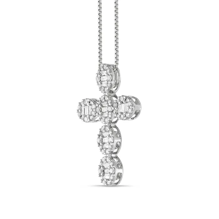 05 CT TW Baguette and Round Natural Diamond Cross Pendant in 14K White Gold Goldia Necklaces 05 CT TW Baguette and Round Natural Diamond Cross Pendant in 14K White Gold Goldia Necklaces