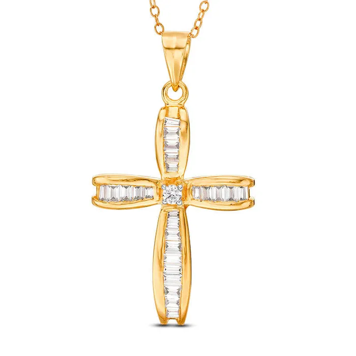 088 CT TW Baguette and Round Natural Diamond Cross Pendant in 14K Gold Goldia Necklaces 088 CT TW Baguette and Round Natural Diamond Cross Pendant in 14K Gold Goldia Necklaces