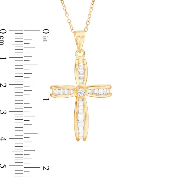 088 CT TW Baguette and Round Natural Diamond Cross Pendant in 14K Gold Goldia Necklaces 088 CT TW Baguette and Round Natural Diamond Cross Pendant in 14K Gold Goldia Necklaces