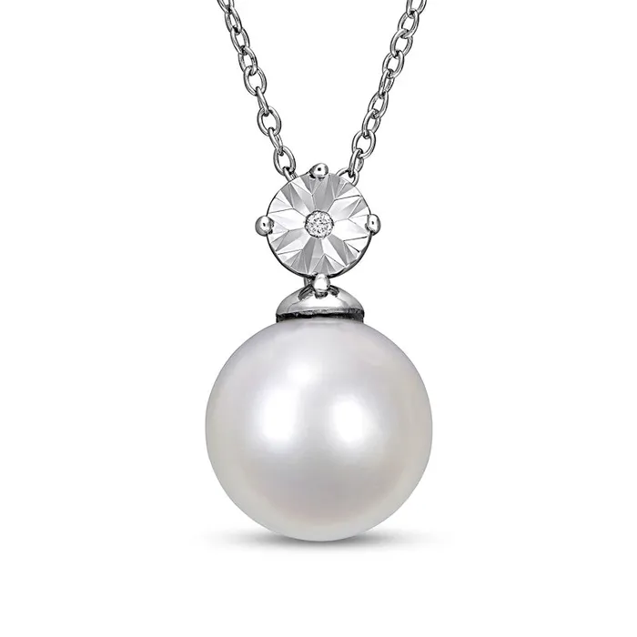 110120mm Cultured Freshwater Pearl and Natural Diamond Accent Pendant in Sterling Silver Goldia Necklaces 110120mm Cultured Freshwater Pearl and Natural Diamond Accent Pendant in Sterling Silver Goldia Necklaces