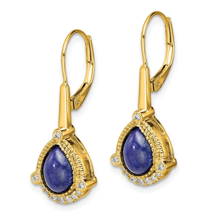 Earrings Goldia Solid 14k Yellow Gold Pear Lapis and Simulated CZ LeverbacK Earrings