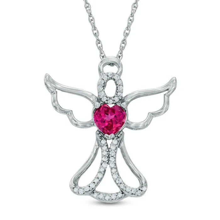 Goldia Necklaces 50mm HeartShaped LabCreated Ruby and 013 CT TW Diamond Angel Pendant in Sterling Silver Goldia Necklaces 50mm HeartShaped LabCreated Ruby and 013 CT TW Diamond Angel Pendant in Sterling Silver