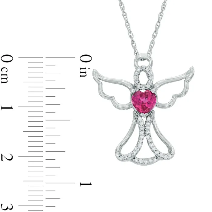 Goldia Necklaces 50mm HeartShaped LabCreated Ruby and 013 CT TW Diamond Angel Pendant in Sterling Silver Goldia Necklaces 50mm HeartShaped LabCreated Ruby and 013 CT TW Diamond Angel Pendant in Sterling Silver
