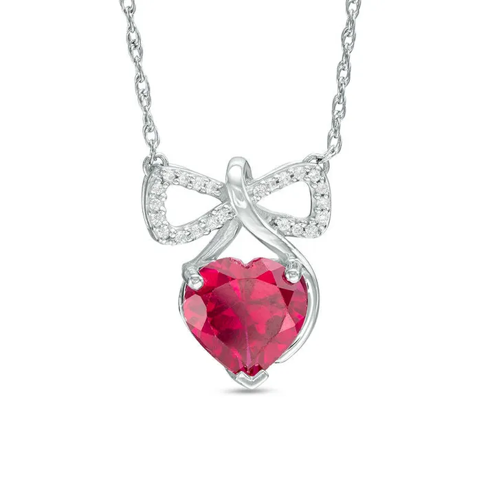 Goldia Necklaces 80mm HeartShaped LabCreated Ruby and Diamond Accent Bow Necklace in Sterling Silver Goldia Necklaces 80mm HeartShaped LabCreated Ruby and Diamond Accent Bow Necklace in Sterling Silver