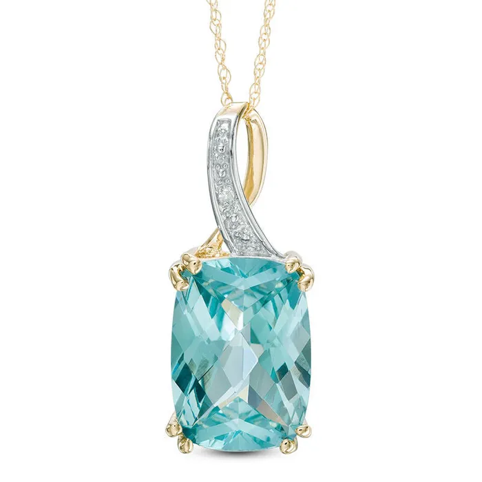 Goldia Necklaces CushionCut LabCreated Green Paraiba Tourmaline and Diamond Accent Pendant in 10K Yellow Gold Goldia Necklaces CushionCut LabCreated Green Paraiba Tourmaline and Diamond Accent Pendant in 10K Yellow Gold