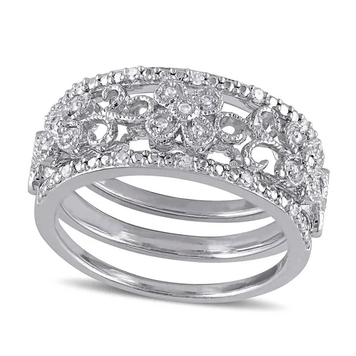 Goldia Rings 010 CT TW Natural Diamond Flower Filigree Three Piece Stackable Band Set in Sterling Silver