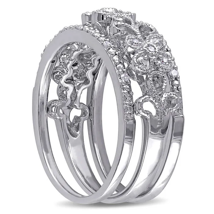 Goldia Rings 010 CT TW Natural Diamond Flower Filigree Three Piece Stackable Band Set in Sterling Silver