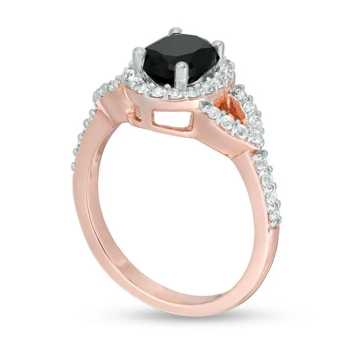 Goldia Rings Oval LabCreated Black and White Sapphire Frame Open Leaf Ring in Solid 10K Rose Gold