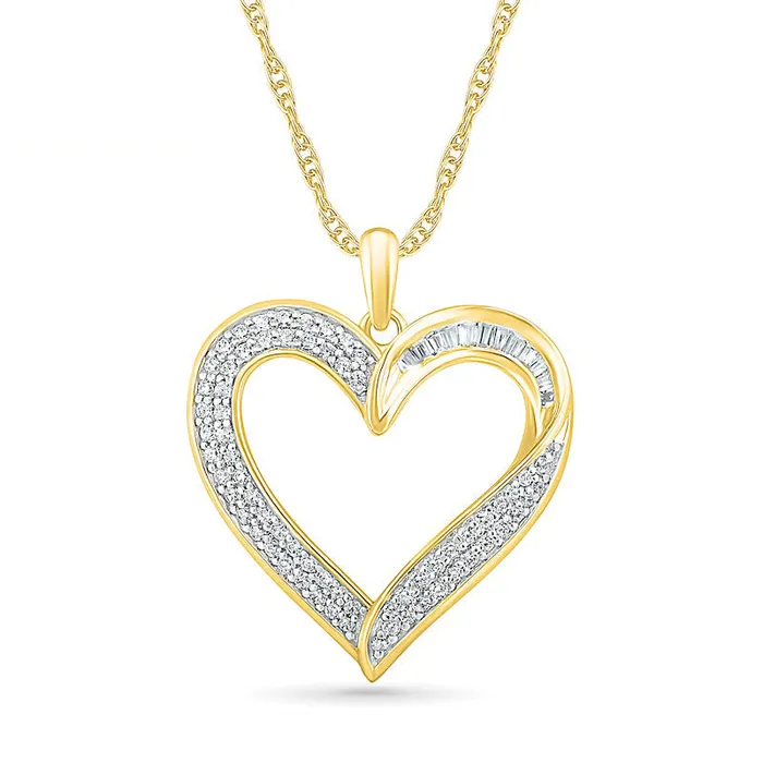 Necklaces Goldia 05 CT TW Baguette and Round Natural Diamond Heart Pendant in 10K Yellow Gold Necklaces Goldia 05 CT TW Baguette and Round Natural Diamond Heart Pendant in 10K Yellow Gold
