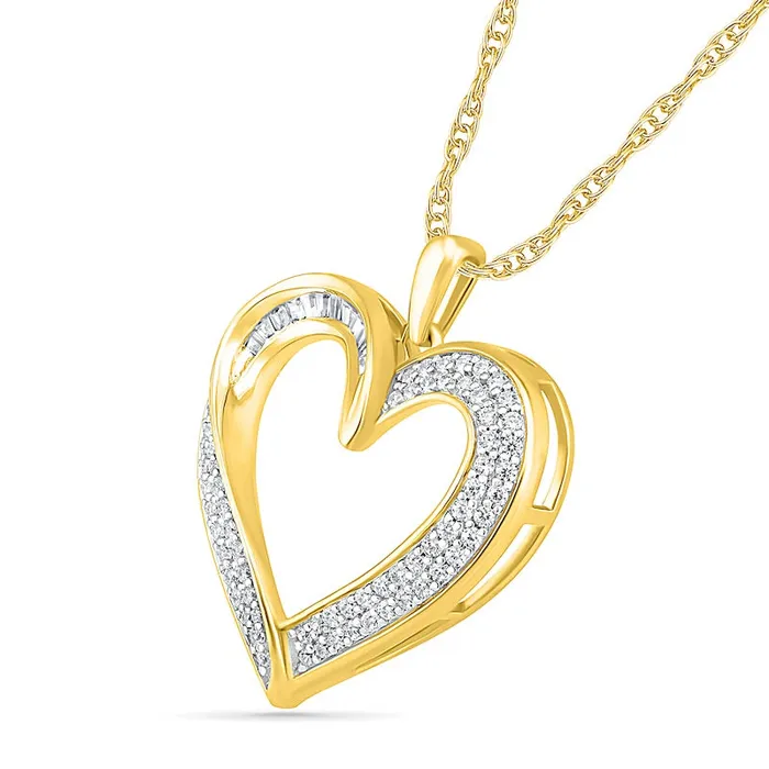 Necklaces Goldia 05 CT TW Baguette and Round Natural Diamond Heart Pendant in 10K Yellow Gold Necklaces Goldia 05 CT TW Baguette and Round Natural Diamond Heart Pendant in 10K Yellow Gold