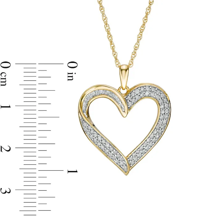Necklaces Goldia 05 CT TW Baguette and Round Natural Diamond Heart Pendant in 10K Yellow Gold Necklaces Goldia 05 CT TW Baguette and Round Natural Diamond Heart Pendant in 10K Yellow Gold