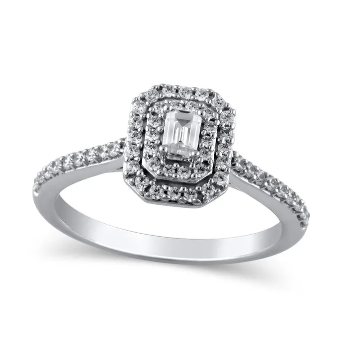 Rings 050 CT TW EmeraldCut Natural Diamond Double Octagonal Frame Engagement Ring in Solid 10K White Gold Goldia