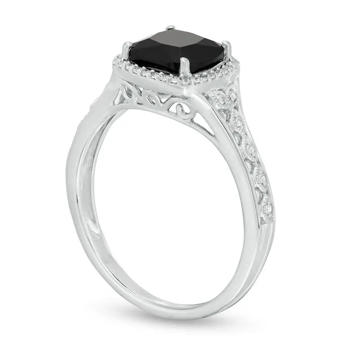 Rings Goldia 70mm CushionCut Black Sapphire and 010 CT TW Natural Diamond Frame Antique VintageStyle Ring in Solid 10K White Gold