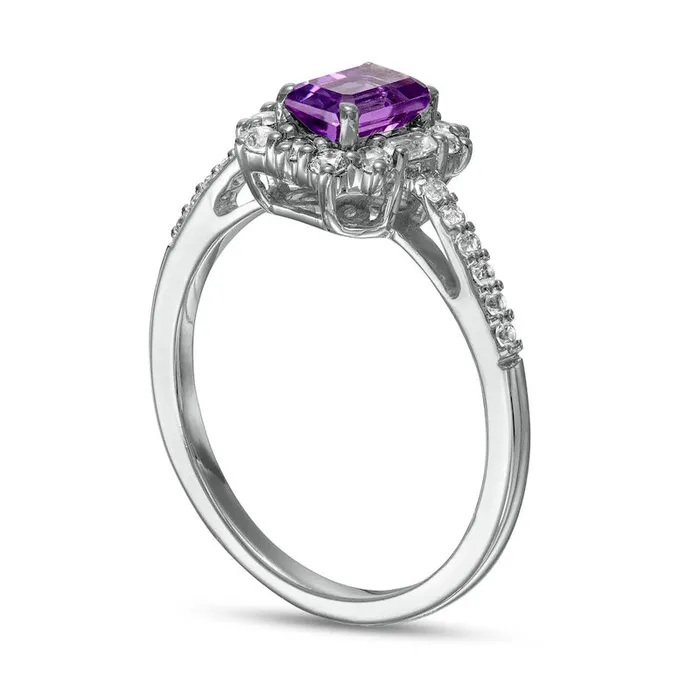 Rings Goldia EmeraldCut Amethyst and White LabCreated Sapphire Ornate Frame Ring in Sterling Silver