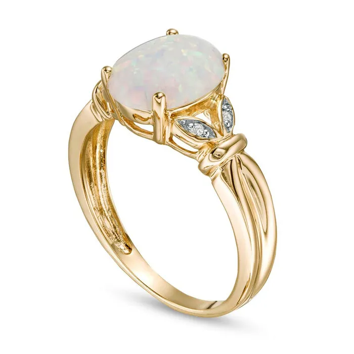 Rings Goldia Oval LabCreated Opal and Diamond Accent Leaf Split Shank Ring in Solid 10K Yellow Gold