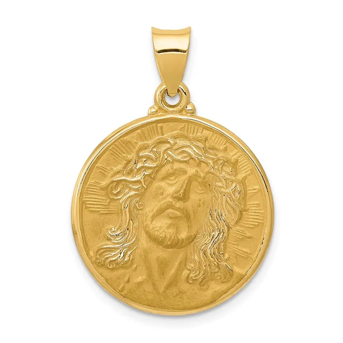 14k Yellow Gold Polished and Satin Face of Jesus Medal Hollow Pendant TreasureFineJewelers Necklaces 14k Yellow Gold Polished and Satin Face of Jesus Medal Hollow Pendant TreasureFineJewelers Necklaces