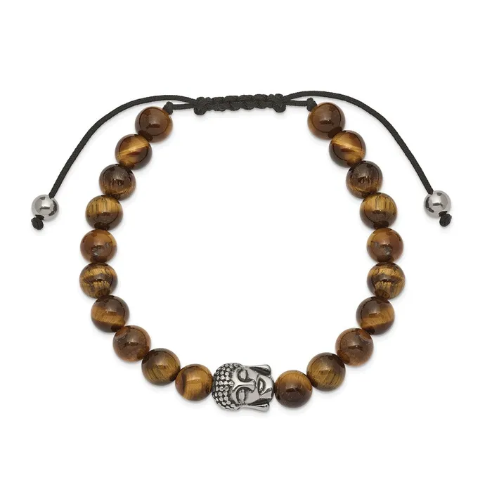 Chisel Stainless Steel Antiqued and Polished Tigers Eye Buddha Black Macrame Adjustable Bracelet TreasureFineJewelers Bracelets