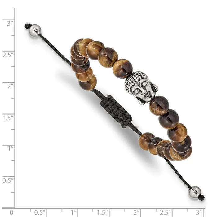 Chisel Stainless Steel Antiqued and Polished Tigers Eye Buddha Black Macrame Adjustable Bracelet TreasureFineJewelers Bracelets