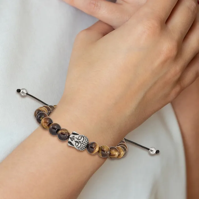 Chisel Stainless Steel Antiqued and Polished Tigers Eye Buddha Black Macrame Adjustable Bracelet TreasureFineJewelers Bracelets