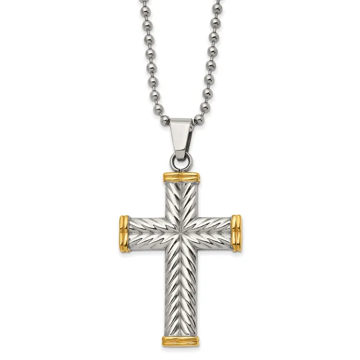 Chisel Stainless Steel Polished and Textured Yellow IPplated Cross Pendant on a 22 inch Ball Chain Necklace TreasureFineJewelers Necklaces Chisel Stainless Steel Polished and Textured Yellow IPplated Cross Pendant on a 22 inch Ball Chain Necklace TreasureFineJewelers Necklaces