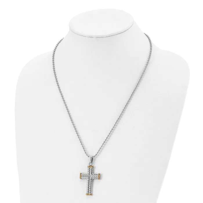 Chisel Stainless Steel Polished and Textured Yellow IPplated Cross Pendant on a 22 inch Ball Chain Necklace TreasureFineJewelers Necklaces