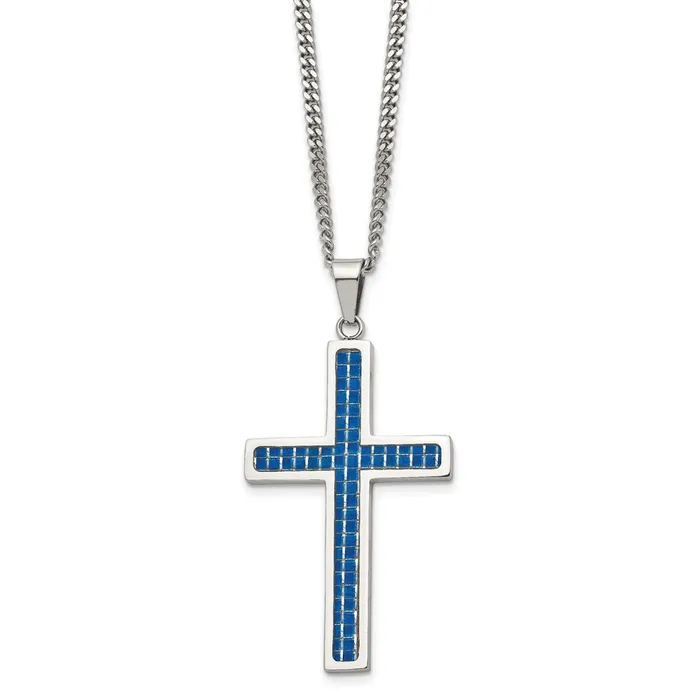 Chisel Stainless Steel Polished with Blue Carbon Fiber Inlay Cross Pendant on a 22 inch Curb Chain Necklace TreasureFineJewelers Necklaces Chisel Stainless Steel Polished with Blue Carbon Fiber Inlay Cross Pendant on a 22 inch Curb Chain Necklace TreasureFineJewelers Necklaces