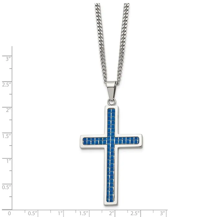 Chisel Stainless Steel Polished with Blue Carbon Fiber Inlay Cross Pendant on a 22 inch Curb Chain Necklace TreasureFineJewelers Necklaces