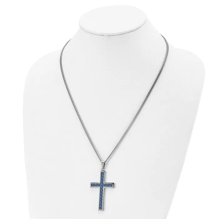 Chisel Stainless Steel Polished with Blue Carbon Fiber Inlay Cross Pendant on a 22 inch Curb Chain Necklace TreasureFineJewelers Necklaces