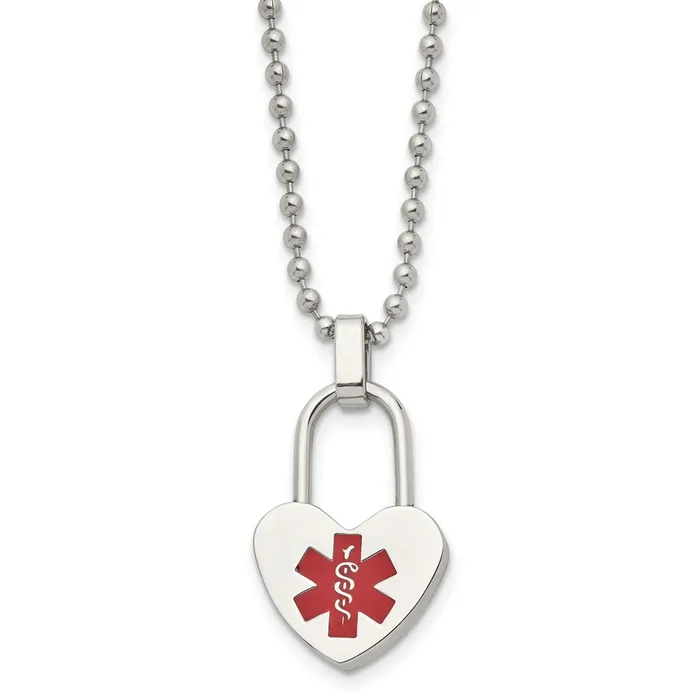 Chisel Stainless Steel Polished with Red Enamel Heart Lock Medical ID Pendant on a 24 inch Ball Chain Necklace TreasureFineJewelers Necklaces Chisel Stainless Steel Polished with Red Enamel Heart Lock Medical ID Pendant on a 24 inch Ball Chain Necklace TreasureFineJewelers Necklaces