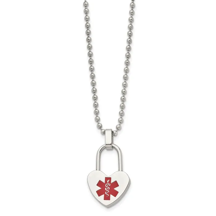 Chisel Stainless Steel Polished with Red Enamel Heart Lock Medical ID Pendant on a 24 inch Ball Chain Necklace TreasureFineJewelers Necklaces