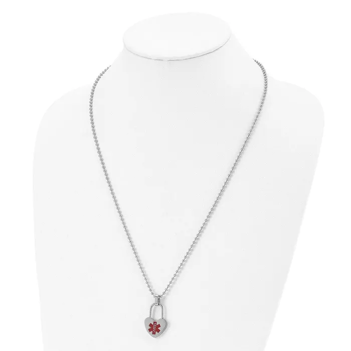 Chisel Stainless Steel Polished with Red Enamel Heart Lock Medical ID Pendant on a 24 inch Ball Chain Necklace TreasureFineJewelers Necklaces