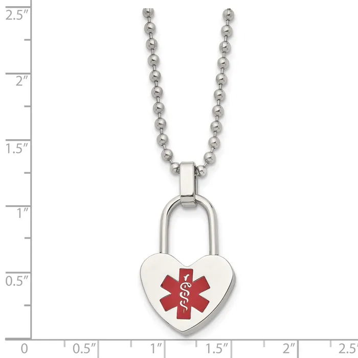 Chisel Stainless Steel Polished with Red Enamel Heart Lock Medical ID Pendant on a 24 inch Ball Chain Necklace TreasureFineJewelers Necklaces