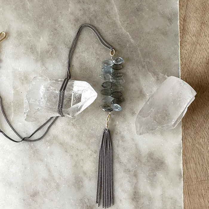 Inez Aquamarine Tassel Necklace Robindira Unsworth Necklaces