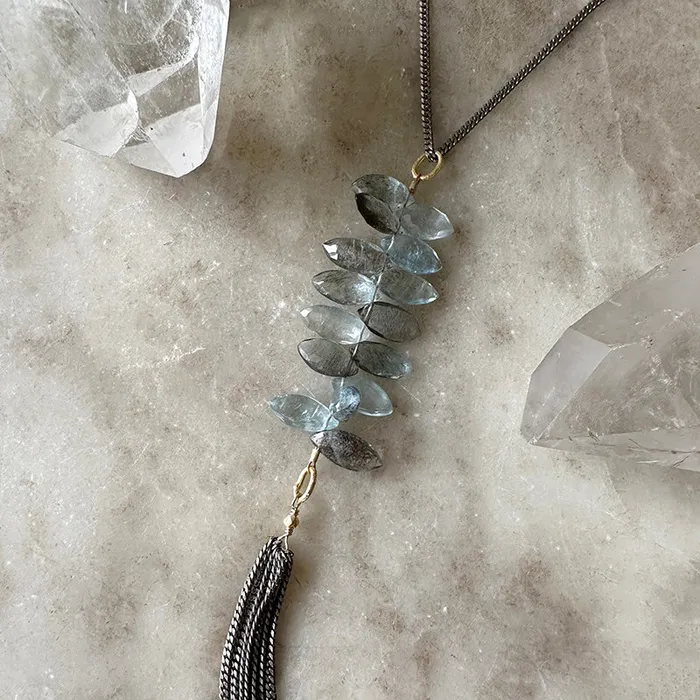 Inez Aquamarine Tassel Necklace Robindira Unsworth Necklaces
