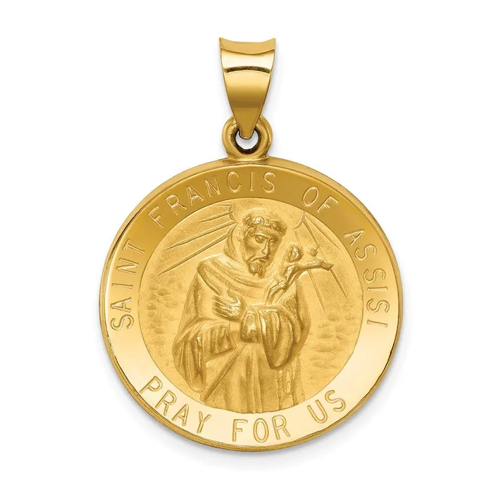 Necklaces 14k Yellow Gold Polished and Satin St Francis of Assisi Medal Hollow Pendant TreasureFineJewelers Necklaces 14k Yellow Gold Polished and Satin St Francis of Assisi Medal Hollow Pendant TreasureFineJewelers