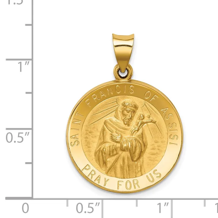 Necklaces 14k Yellow Gold Polished and Satin St Francis of Assisi Medal Hollow Pendant TreasureFineJewelers