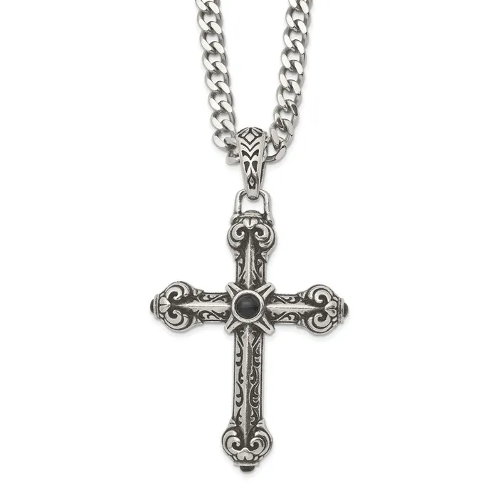Necklaces Chisel Stainless Steel Antiqued and Polished with Synthetic Black Agate Cross Pendant on a 24 inch Curb Chain Necklace TreasureFineJewelers Necklaces Chisel Stainless Steel Antiqued and Polished with Synthetic Black Agate Cross Pendant on a 24 inch Curb Chain Necklace TreasureFineJewelers