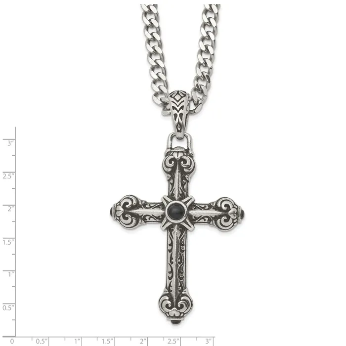 Necklaces Chisel Stainless Steel Antiqued and Polished with Synthetic Black Agate Cross Pendant on a 24 inch Curb Chain Necklace TreasureFineJewelers