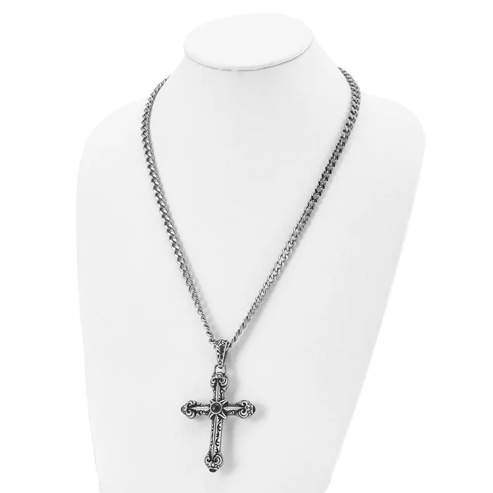Necklaces Chisel Stainless Steel Antiqued and Polished with Synthetic Black Agate Cross Pendant on a 24 inch Curb Chain Necklace TreasureFineJewelers