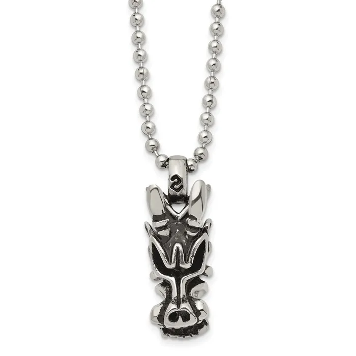 Necklaces TreasureFineJewelers Chisel Stainless Steel Antiqued and Polished Dragon Head Pendant on a 22 inch Ball Chain Necklace Necklaces TreasureFineJewelers Chisel Stainless Steel Antiqued and Polished Dragon Head Pendant on a 22 inch Ball Chain Necklace