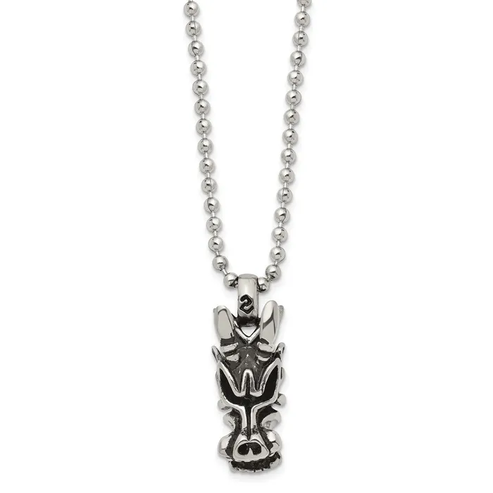 Necklaces TreasureFineJewelers Chisel Stainless Steel Antiqued and Polished Dragon Head Pendant on a 22 inch Ball Chain Necklace