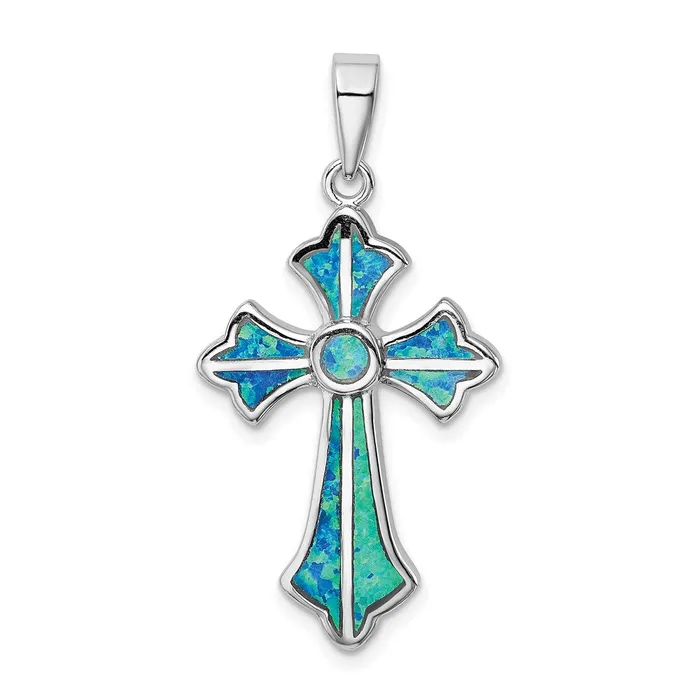 Necklaces TreasureFineJewelers Sterling Silver Rhodiumplated Blue Inlay Created Opal Cross Pendant Necklaces TreasureFineJewelers Sterling Silver Rhodiumplated Blue Inlay Created Opal Cross Pendant