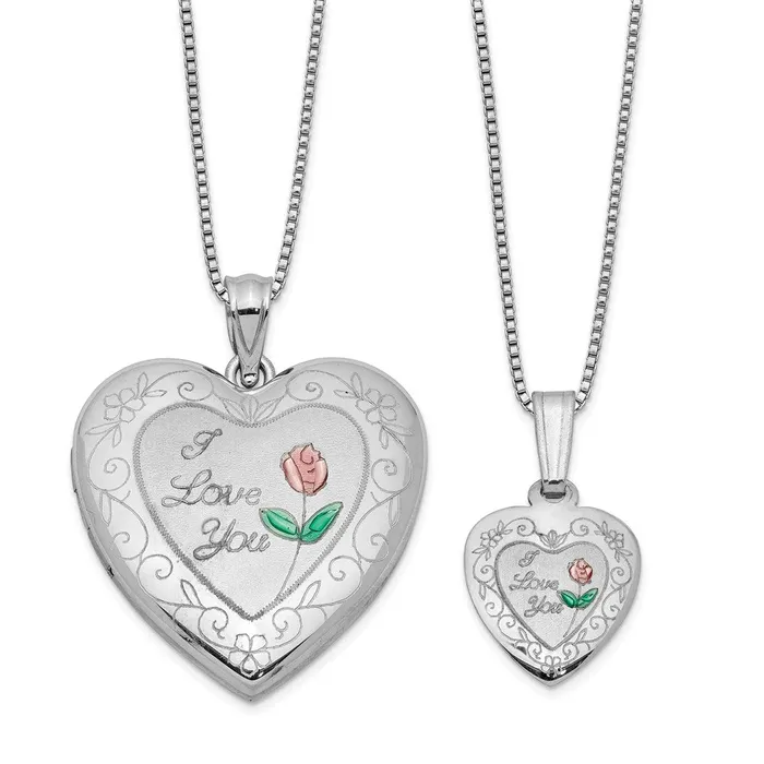 Necklaces TreasureFineJewelers Sterling Silver Rhodiumplated Enameled PolishedSatin Rose I Love You Heart Mom 18in Locket Daughter 14in Pendant Necklace Set Necklaces TreasureFineJewelers Sterling Silver Rhodiumplated Enameled PolishedSatin Rose I Love You Heart Mom 18in Locket Daughter 14in Pendant Necklace Set