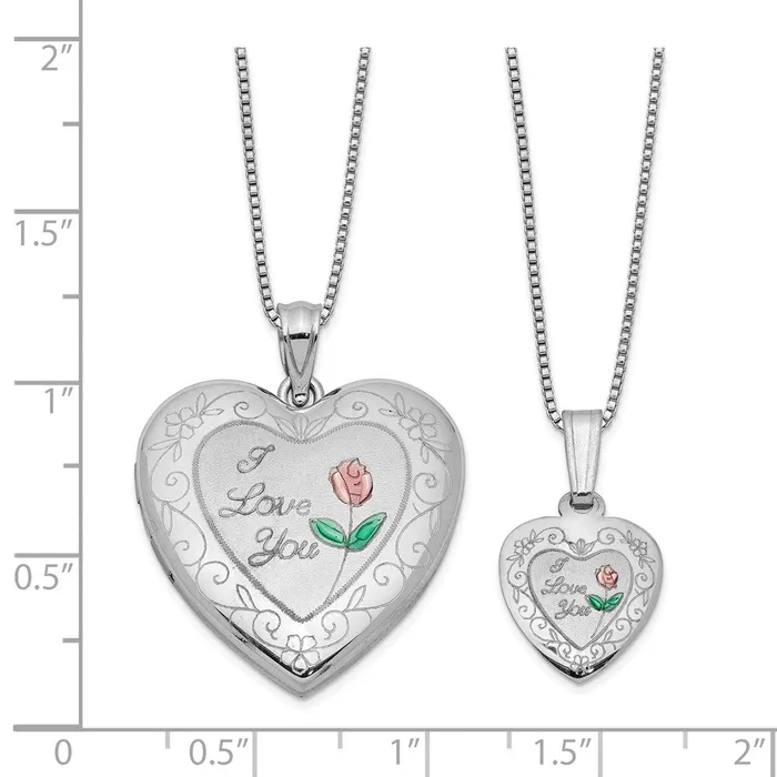 Necklaces TreasureFineJewelers Sterling Silver Rhodiumplated Enameled PolishedSatin Rose I Love You Heart Mom 18in Locket Daughter 14in Pendant Necklace Set