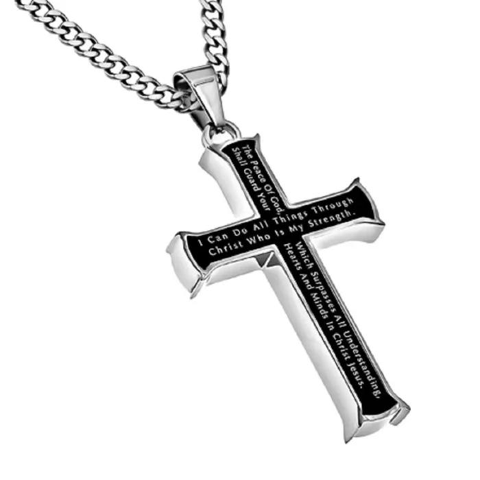 Philippians 413 Black Cross Necklace STRENGTH Bible Verse Stainless Steel Thick Chain North Arrow Shop Necklaces Philippians 413 Black Cross Necklace STRENGTH Bible Verse Stainless Steel Thick Chain North Arrow Shop Necklaces