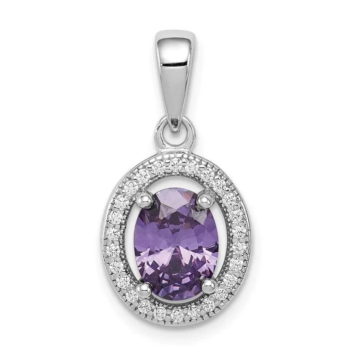 Sterling Silver Rhodplated w Purple and White CZ Oval Pendant TreasureFineJewelers Necklaces Sterling Silver Rhodplated w Purple and White CZ Oval Pendant TreasureFineJewelers Necklaces