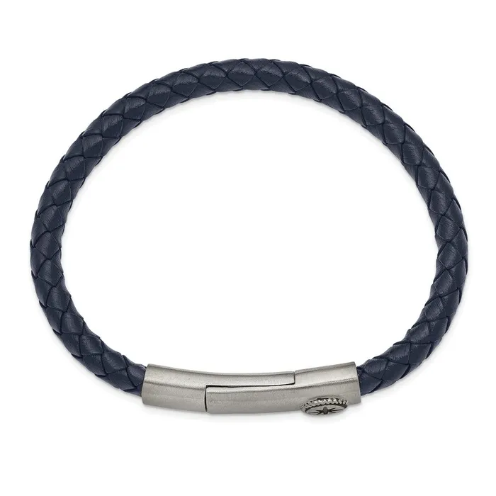 TreasureFineJewelers Bracelets Chisel Stainless Steel Antiqued and Brushed Compass Navy Blue Braided Leather 8 inch Bracelet